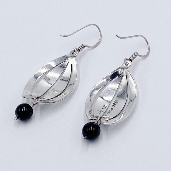 Taxco 925 Sterling Silver Modernist Black Onyx Dangle Earrings - Picture 6 of 9